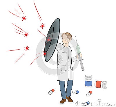 The doctor holds the shield. protects against viruses. scattered pills. vector illustration. Vector Illustration